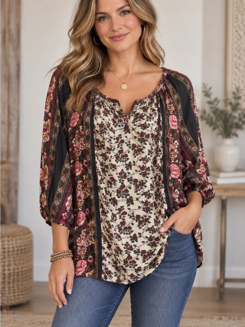Lucky Brand 1X Floral Boho Peasant Blouse Mixed Print Flowy Tunic Top